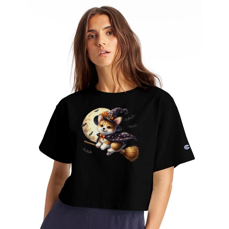 Corgi Witch Flying on Broom Halloween Moon Bats Pr