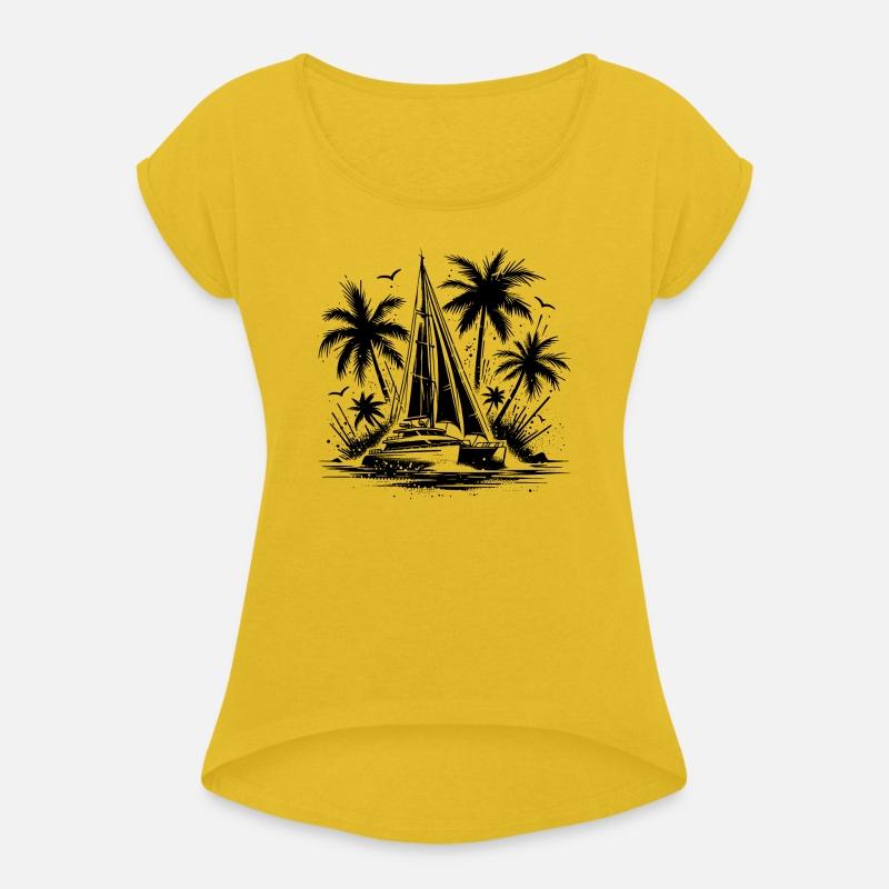 Double Hull Catamaran Sailing Boat With Palm Trees