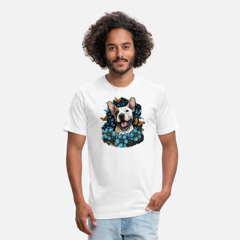 Happy bull terrier with flowers and butterflies