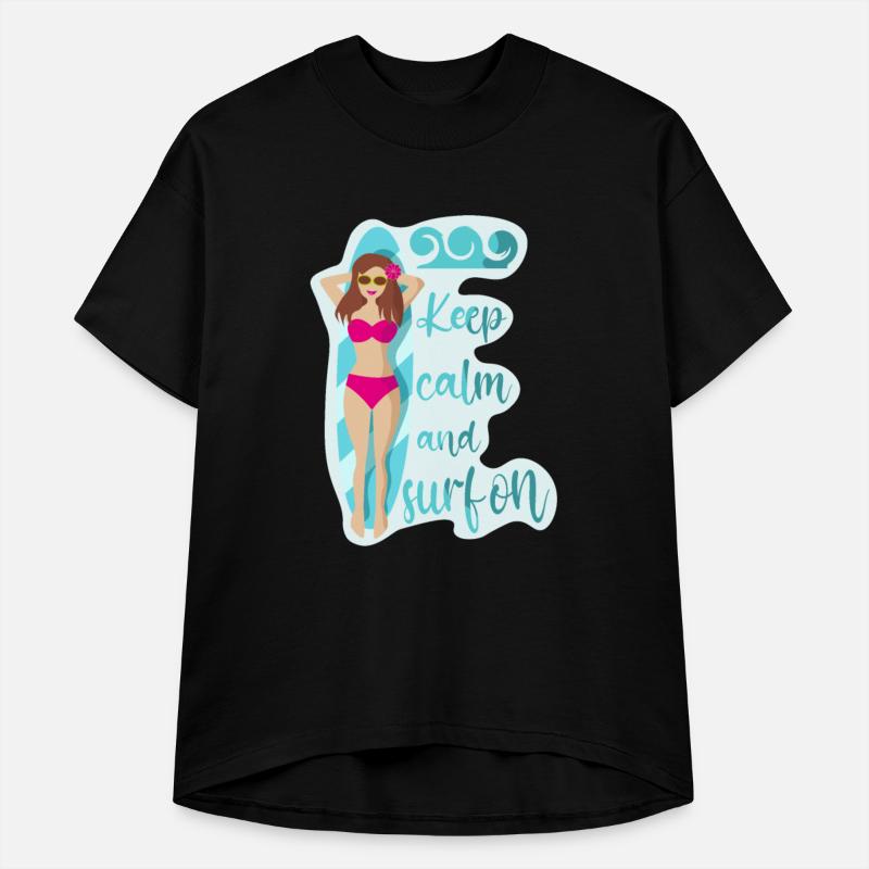 Keep calm and surf on pink bikini girl on waves