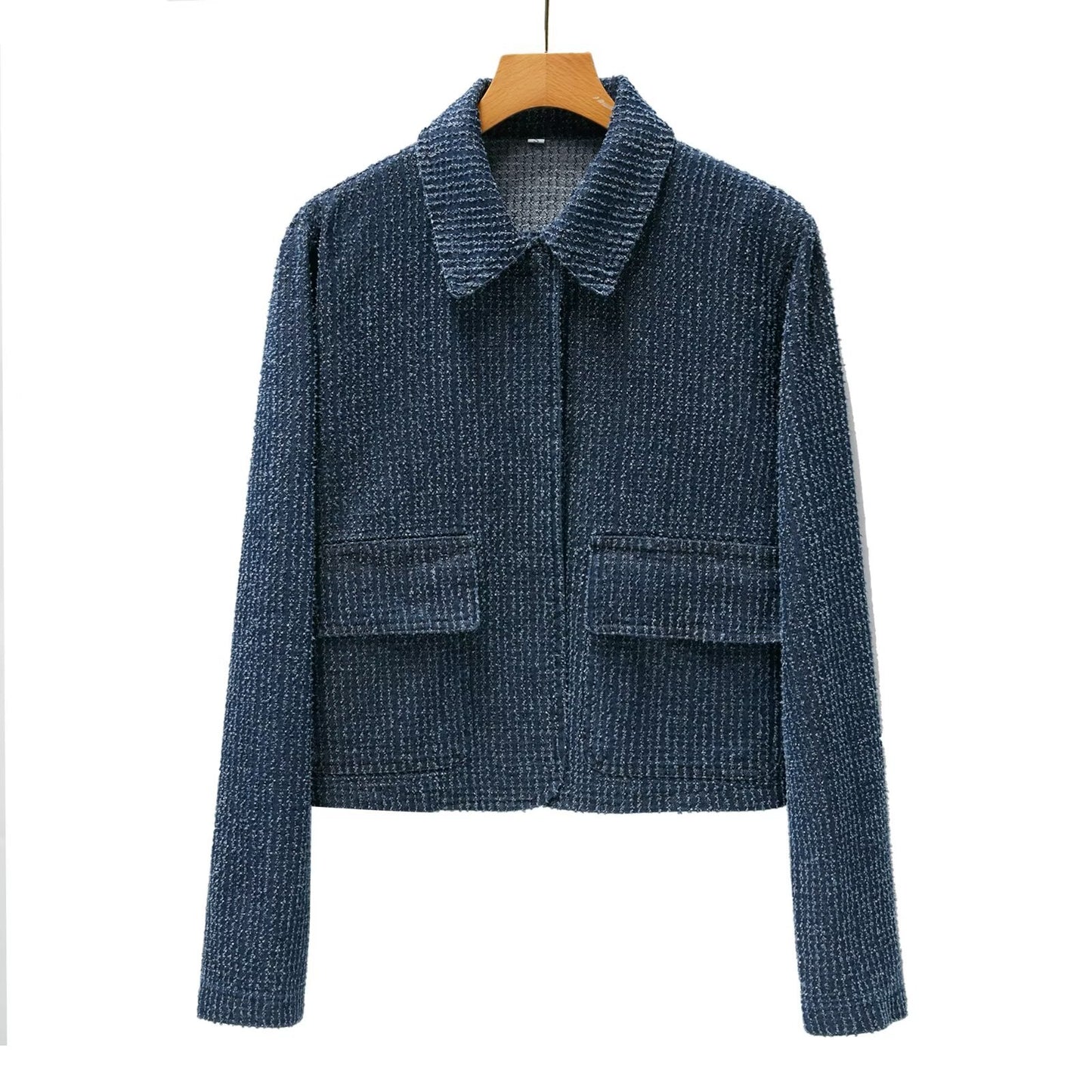 Collar long sleeved pocket decorative texture denim jacket for women