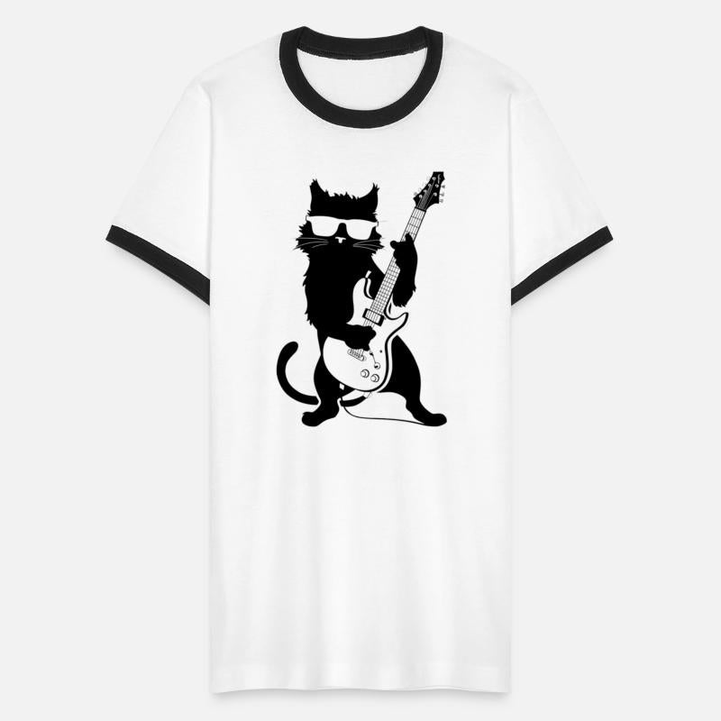 A rock cat playing guitar music tee