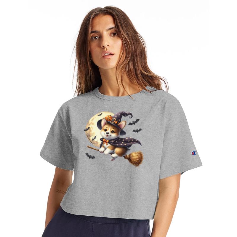 Corgi Witch Flying on Broom Halloween Moon Bats Pr