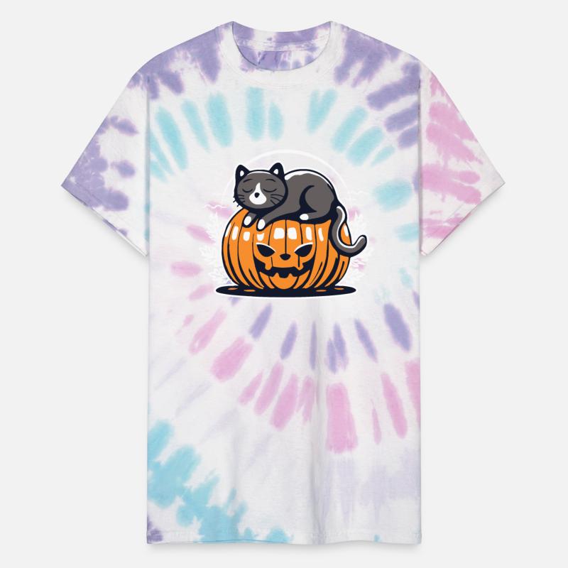 Cute black halloween cat napping above pumpkin