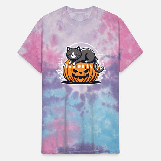 Cute black halloween cat napping above pumpkin