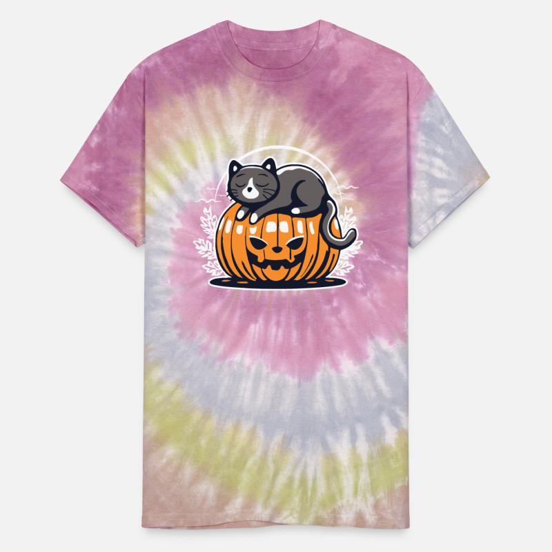 Cute black halloween cat napping above pumpkin