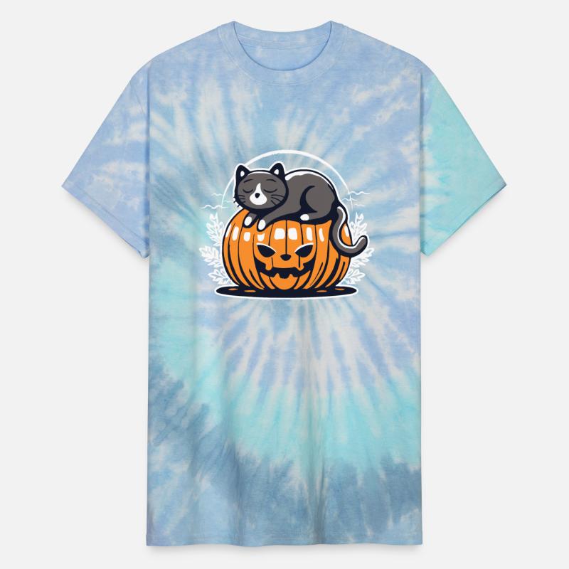 Cute black halloween cat napping above pumpkin