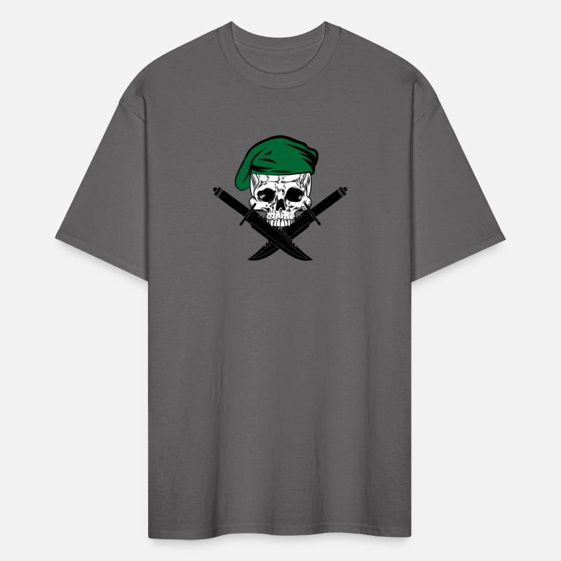 Death's head skull with green beret and two knives