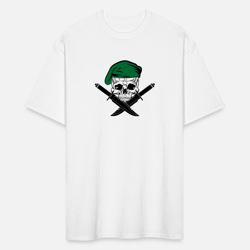 Death's head skull with green beret and two knives