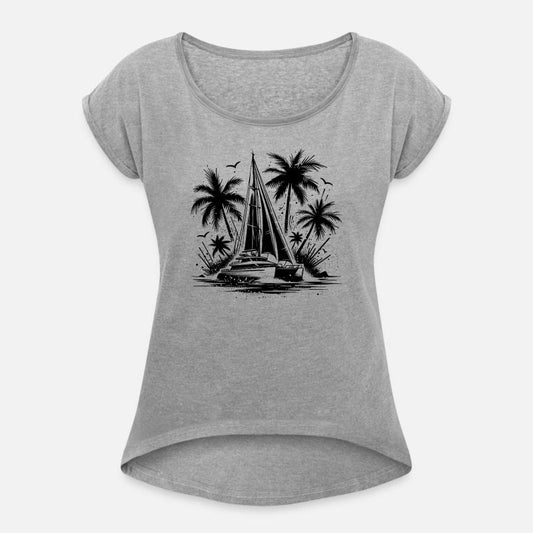 Double Hull Catamaran Sailing Boat With Palm Trees