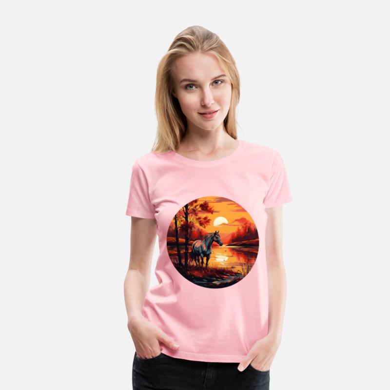 Horse by the Lake in Autumn Sunset