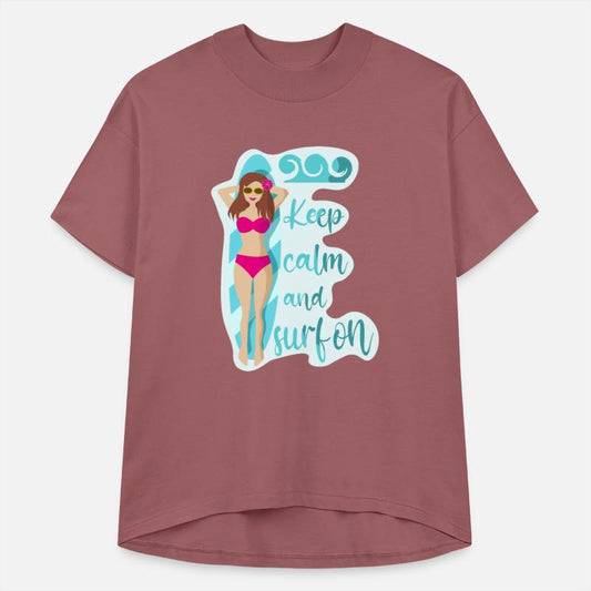 Keep calm and surf on pink bikini girl on waves