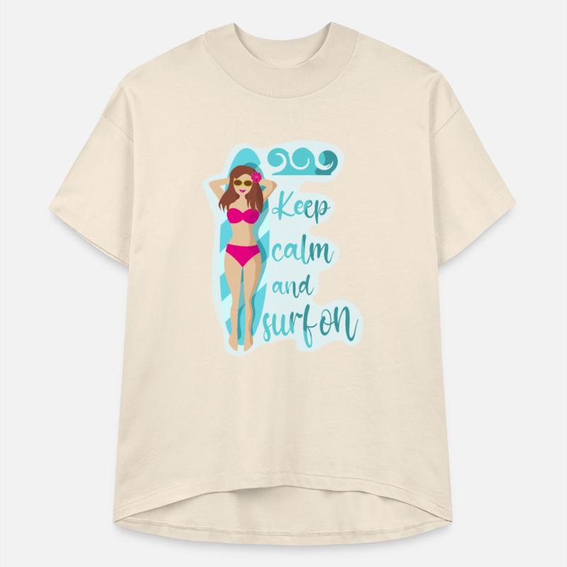 Keep calm and surf on pink bikini girl on waves