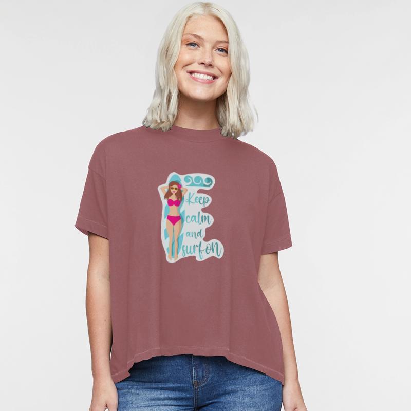 Keep calm and surf on pink bikini girl on waves